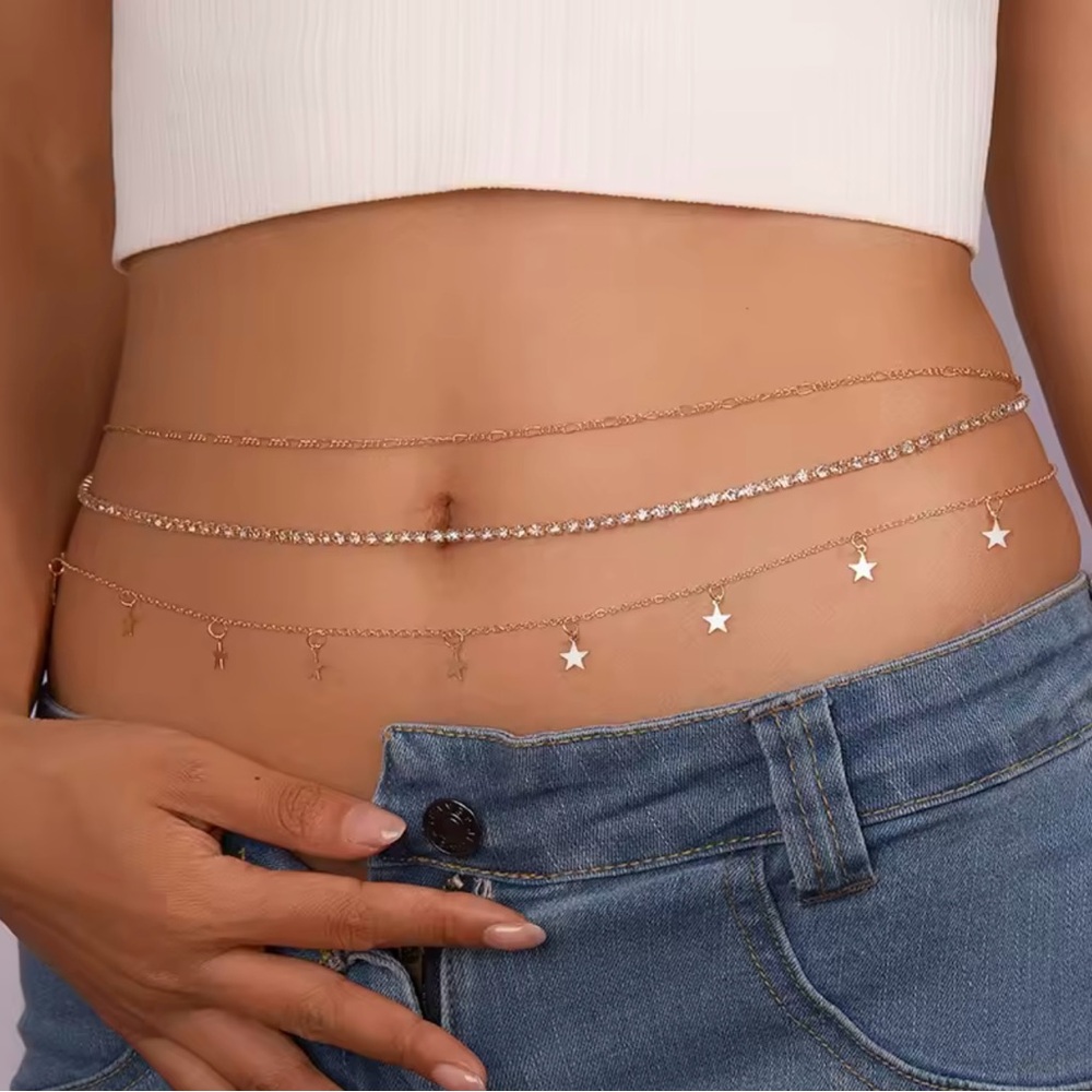 Gold Star Layered Waist Belly Chain Stars rhinestone